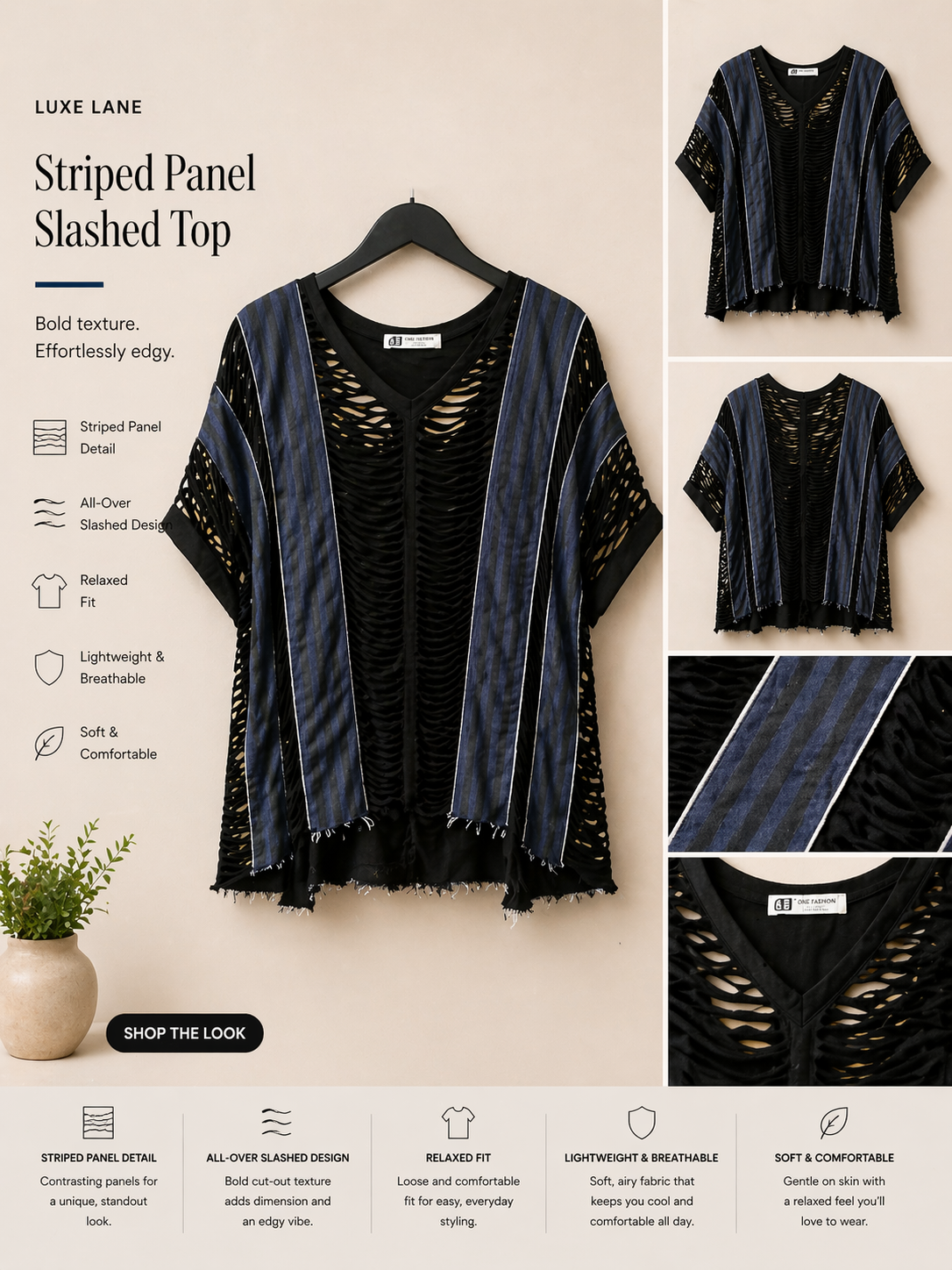 Striped Panel Slashed Set