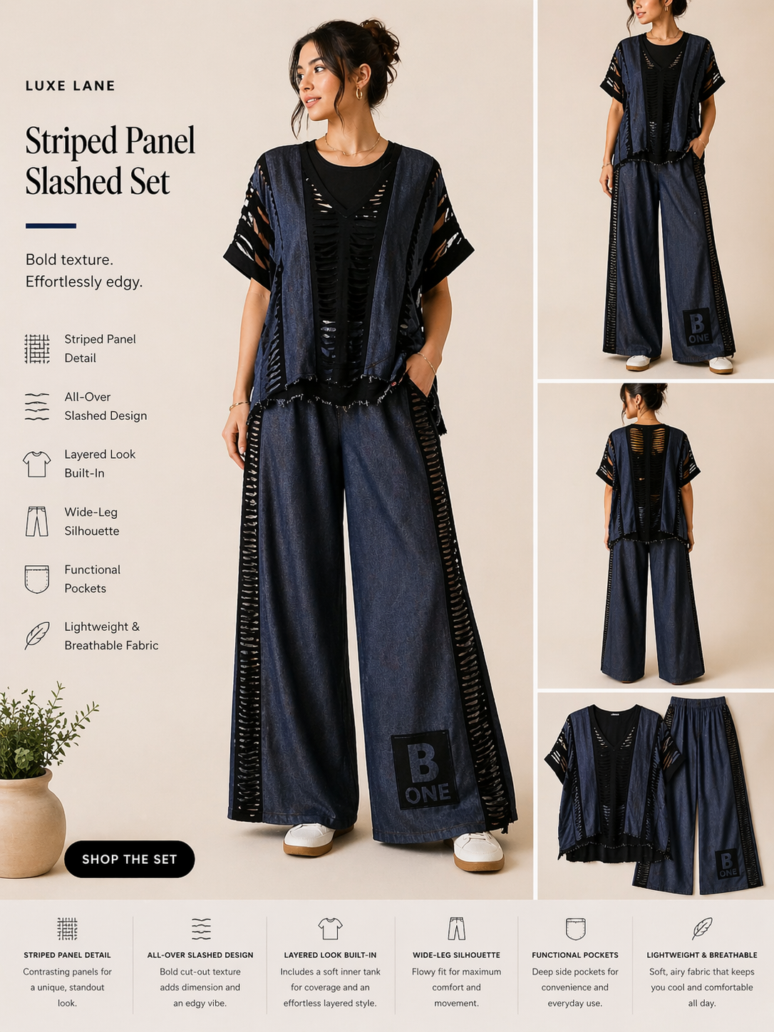 Striped Panel Slashed Set